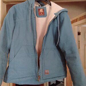 BERNE WOMEN'S CANVAS BARN COAT, SHERPA LINED, HOODED, STERL BLUE SZ SMALL